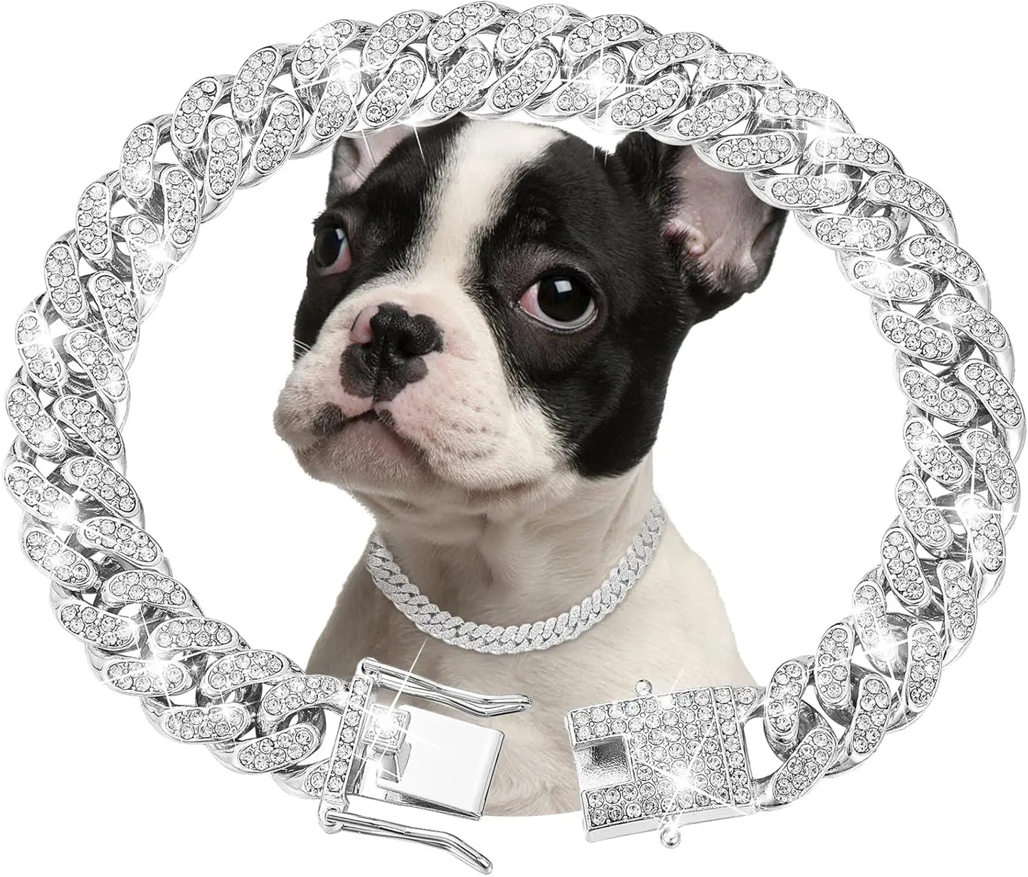 Silver Diamond Cuban Link Dog Collar - 13mm Wide Metal Chain Necklace for Dogs and Cats (16 Inch)