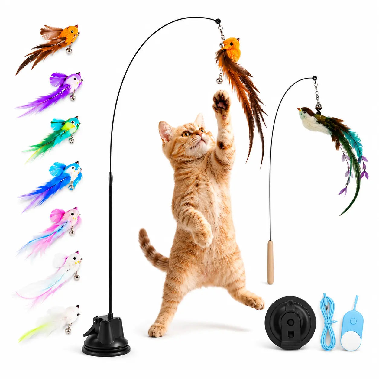 Interactive Cat Toy with Suction Cup Base, Self-Play Feather Wand for Indoor Cats, Includes 7 Replacement Birds with Bells