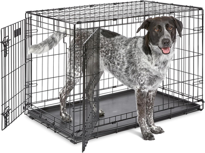 36-Inch Two-Door Folding Dog Crate with Divider Panel, Leak-Proof Tray, and Secure Latches – Metal Wire Kennel for Medium to Large Breeds – Portable, Durable, and Easy to Assemble