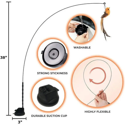 Interactive Cat Toy with Suction Cup Base, Self-Play Feather Wand for Indoor Cats, Includes 7 Replacement Birds with Bells