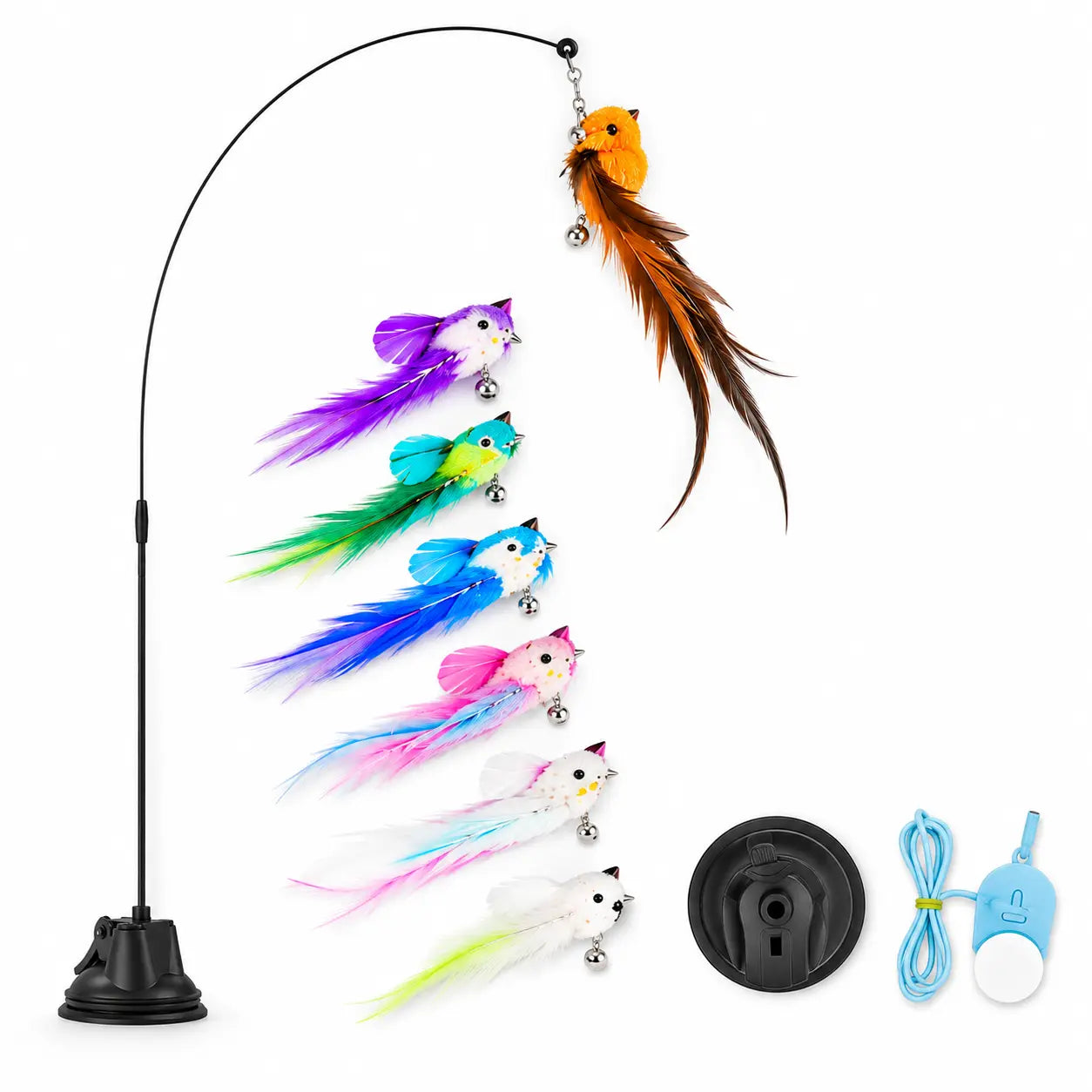 Interactive Cat Toy with Suction Cup Base, Self-Play Feather Wand for Indoor Cats, Includes 7 Replacement Birds with Bells