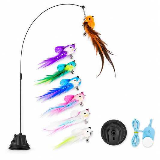 Interactive Cat Toy with Suction Cup Base, Self-Play Feather Wand for Indoor Cats, Includes 7 Replacement Birds with Bells