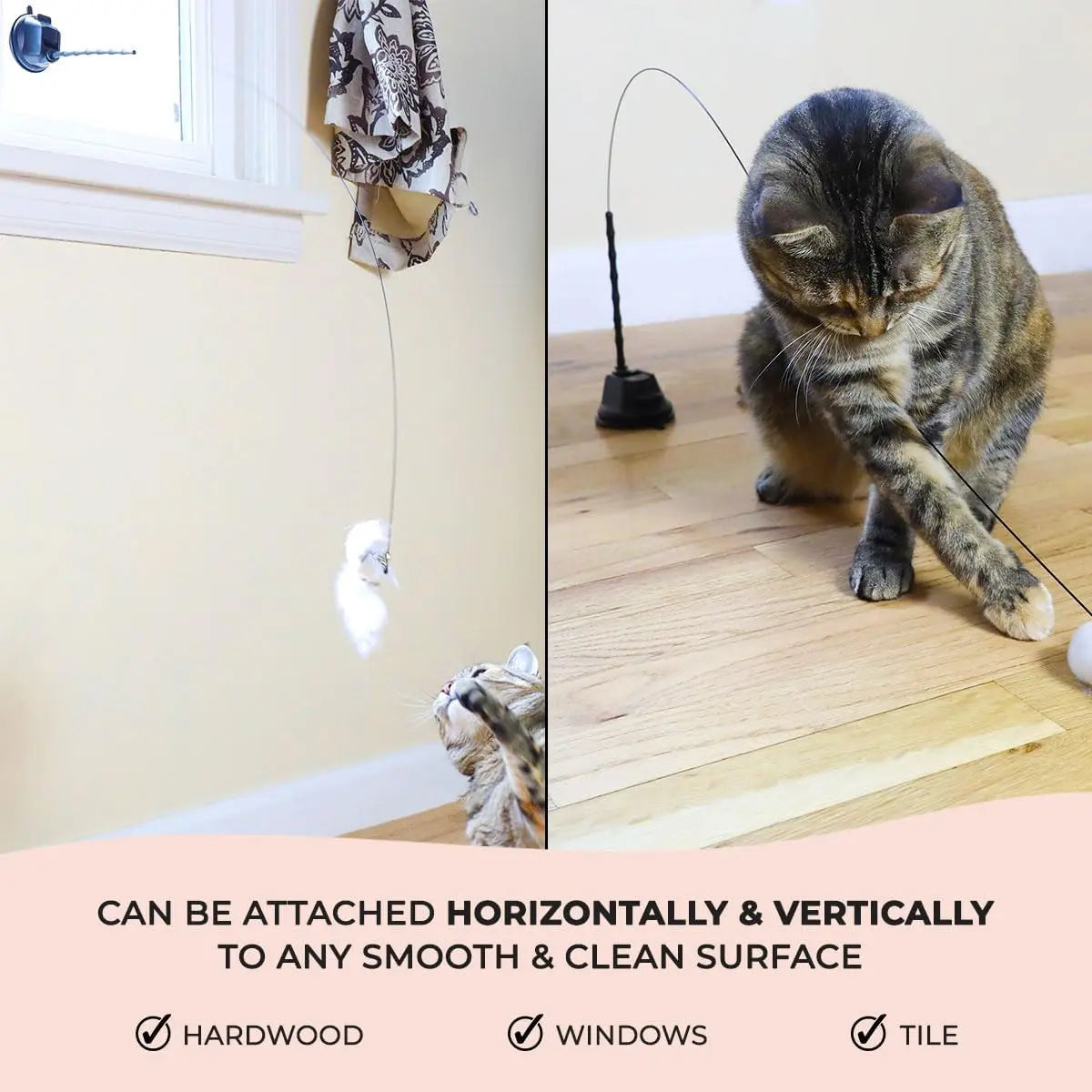 Interactive Cat Toy with Suction Cup Base, Self-Play Feather Wand for Indoor Cats, Includes 7 Replacement Birds with Bells