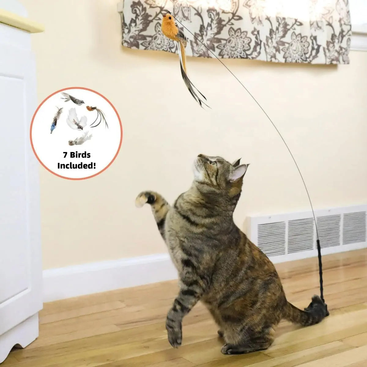Interactive Cat Toy with Suction Cup Base, Self-Play Feather Wand for Indoor Cats, Includes 7 Replacement Birds with Bells