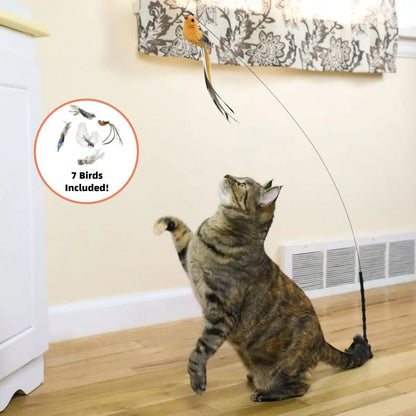 Interactive Cat Toy with Suction Cup Base, Self-Play Feather Wand for Indoor Cats, Includes 7 Replacement Birds with Bells