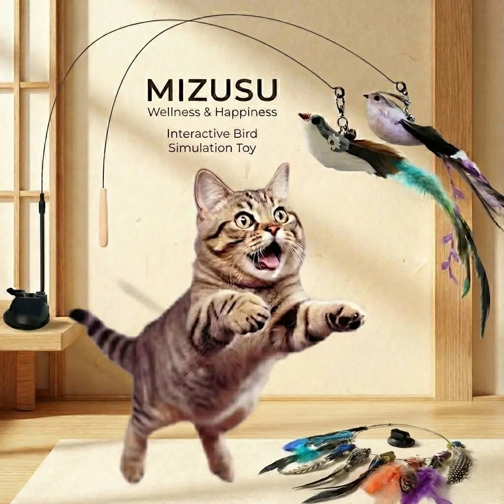 Interactive Cat Toy with Suction Cup Base, Self-Play Feather Wand for Indoor Cats, Includes 7 Replacement Birds with Bells
