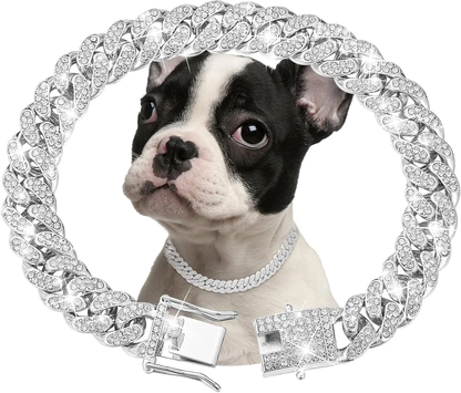 Silver Diamond Cuban Link Dog Collar - 13mm Wide Metal Chain Necklace for Dogs and Cats (16 Inch)