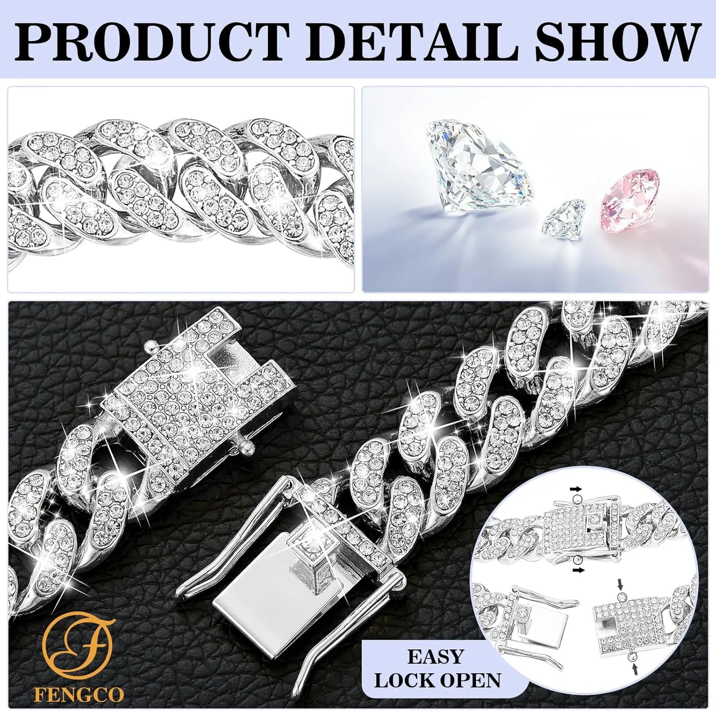 Silver Diamond Cuban Link Dog Collar - 13mm Wide Metal Chain Necklace for Dogs and Cats (16 Inch)