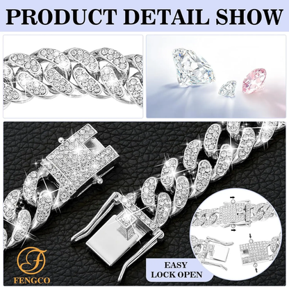 Silver Diamond Cuban Link Dog Collar - 13mm Wide Metal Chain Necklace for Dogs and Cats (16 Inch)