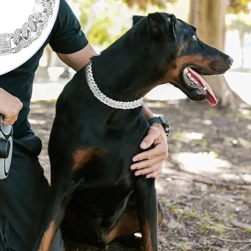 Silver Diamond Cuban Link Dog Collar - 13mm Wide Metal Chain Necklace for Dogs and Cats (16 Inch)