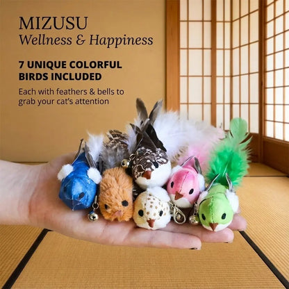 Interactive Cat Toy with Suction Cup Base, Self-Play Feather Wand for Indoor Cats, Includes 7 Replacement Birds with Bells