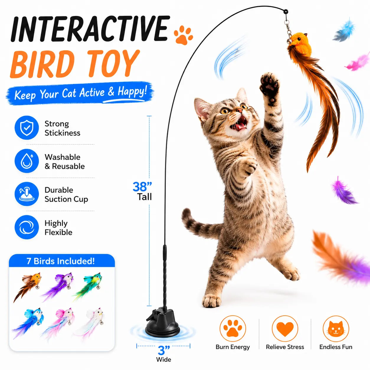 Interactive Cat Toy with Suction Cup Base, Self-Play Feather Wand for Indoor Cats, Includes 7 Replacement Birds with Bells